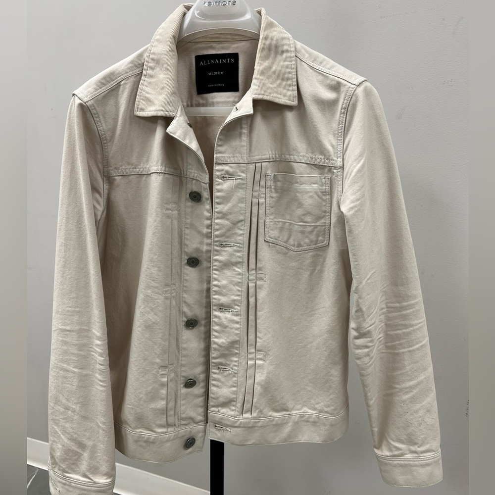 All Saints cream-white Denim men’s jacket with cord collar.
